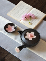 日本制进口有田烧黑珍珠釉粉色樱花侧把手日式急须泡茶壶茶杯套装