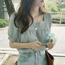 夏季女装韩版批新款发清新洋气宽松套头衬衣学生短袖方领格子衬衫