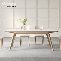 纯白色哑光岩板餐桌原木奶油风家用简约现代长方形白蜡木实木餐桌