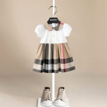 伯米吉2024夏装新款小童娃娃领公主裙洋气女童白色格纹短袖连衣裙