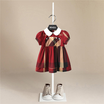 女童新款洋气连衣裙儿童酒红色格子裙娃娃领短袖公主裙英伦时髦裙