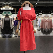 2023夏装新品方形领棉麻西瓜红灯笼袖系带长款连衣裙复古单排扣裙