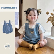 夏季韩国婴儿牛仔小熊背带连体衣男女宝宝包屁哈衣洋气爬服外出服