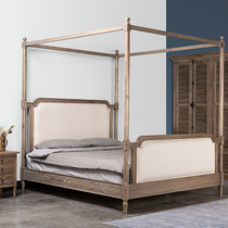 美式床架子床实木双人床风化复古做旧地中海实木床法式公主架子床