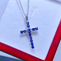 天然蓝宝石十字架项链吊坠女925纯银镶嵌圆2.5mm小宝石挂坠高品质