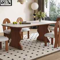 中古风餐桌客餐厅家用法式椭圆形侘寂风高端实木复古洞石岩板桌子
