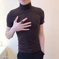 秋季新款韩版修身个性百搭高领纯色打底精神小伙紧身时尚短袖t恤