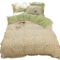 韩版公主风碎花床上用品四件套绿色花边被套床单三件套女生床笠款